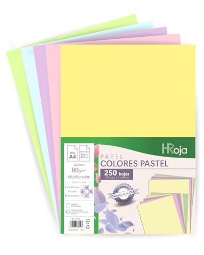 HRoja | Folios Colores Pastel A4 de 80 gr en Paquete de 250 Hojas Surtidas Fabricadas en Europa - Apto para Impresoras y Fotocopiadoras para Oficina, Uso Escolar y Manualidades