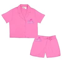 Barbie Girls 2-Piece Iconic Bundle Set - Casual Hot Pink Button Down Short Sleeve Shirt and Shorts Outfit for Kids (Size 7/8)