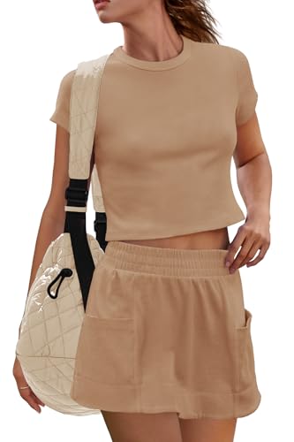 Panadila Womens Skort Sets 2 Piece Outfits Ribbed Short Sleeve Tops and Skirt with Shorts Underneath Summer Lounge Set (Dark Khaki,L)