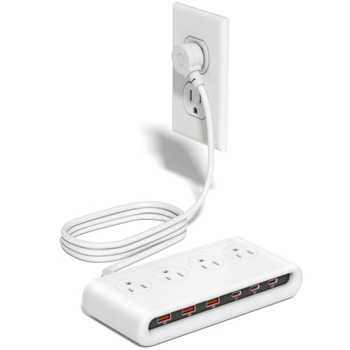 Power Strip with USB C 35W,10-in-1 Flat Plug Wall Charger - 5FT Extension Cord with 4AC, 3 USB A & 3 USB C - PD20W Charging Station for Multiple Devices - Travel Home Office (White)