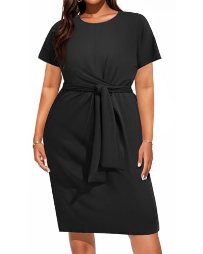 Image of Pinup Fashion Plus Size Dresses for Women Wedding Guest Short Sleeve Tie Front Waist Belted Pencil Work Knee Dress