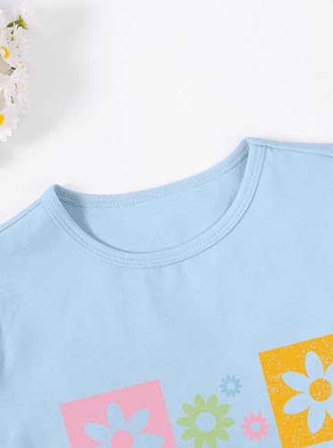 Image of Girls Graphic Tees Summer Short Sleeve Tops Casual Cute Flower Shirt Blue 7-8 Years