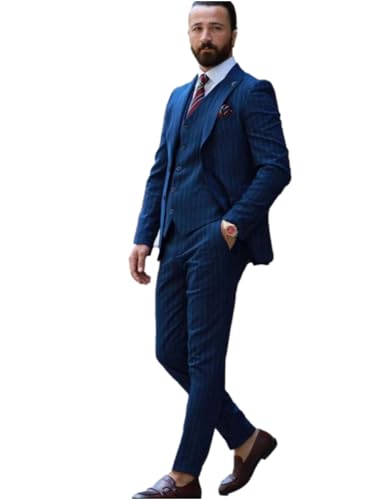 Costume 3 pièces rayé pour homme avec veste à bouton unique gilet et pantalon élégant