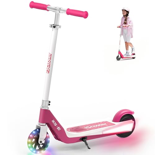 iScooter iK1 Electric Scooter for Kids Aged 6-10, Adjustable Speed & Height, Magnetic Safe Charging, Colorful Flashing Wheels & Deck Lights, E Scooter Suit for Beginners Red 6/9MPH