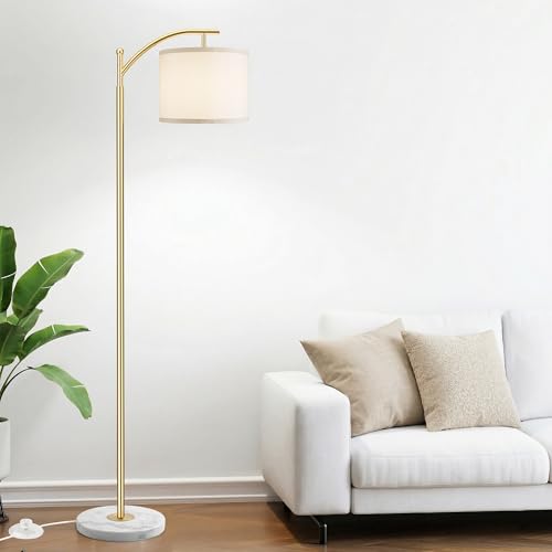 Image of ROTTOGOON Gold Floor Lamp for Living Room with Marble Base, Modern Standing Lamp with 3 Color Temperatures Bulb & Adjustable Linen Shade, Tall Lamp for Bedroom Office Reading Nursery