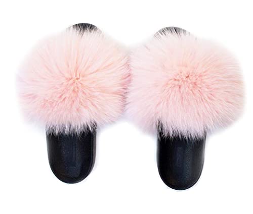 Image of Big Faux Fur Slides, Furry Slippers for Women Fuzzy Fluffy Sandals Shoes