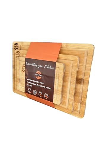 Luxe Life Natural Bamboo Wood Premium Quality Cutting Boards, 3 Pk, Rectangular, Versatile, Durable, Grooves for liquid catching, Convenient Handles for lifting. Great for fruits, Vegetables & Meats.