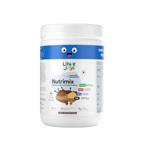 Image of Little Joys Belgian Chocolate Nutrimix for Boys (350g) | 7-12 Years | Naturally Sweetened with Jaggery & Dates | With 23 Essential Vitamins & Minerals | 9g Protein per Serving | Supports Overall Health & Development | With Bajra, Ragi, Almonds & Oats