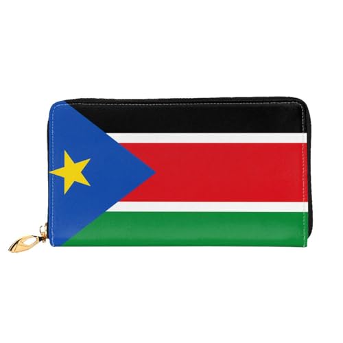 Leather Women Wallets, Long Credit Card Holder, Flag of South Sudan Print Billfold Clutch & Travel Purse Large Capacity
