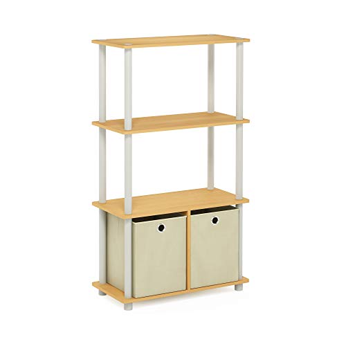 Image of Furinno GO GREEN Storage Shelf, 4-Tier Storage Rack with Bins, Book Shelf, Display Rack, with Storage Bins, for Organization and Storage, Living Room, Home Office, Beech