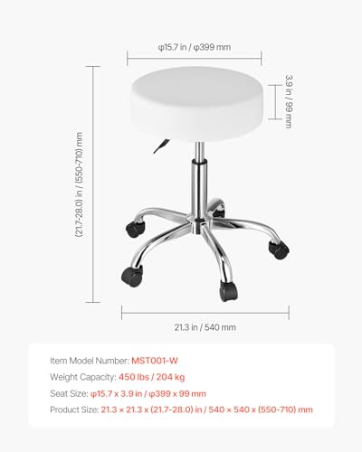 Image of VEVOR Rolling Stool with Wheels, 450 LBS Weight Capacity Round Rolling Stool Chair, Height Adjustable Thickened PU Leather Swivel Stool for Salon, Spa, Massage, Tattoo, Clinic, White