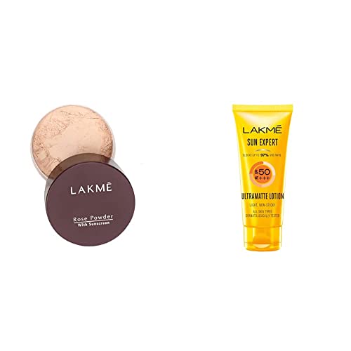 Image of LAKME Rose Face Powder, Matte For Oily Skin, Soft Pink, 40g & Sun Expert SPF 50 PA+++ Ultra Matte Lotion, 50ml