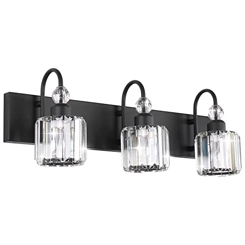 Image of Ralbay Modern Crystal Vanity Light 3-Lights Modern Crystal Vanity Lights for Bathroom Matte Black Crystal Bath Wall Light Fixtures Modern Black Crystal Bathroom Light Fixtures
