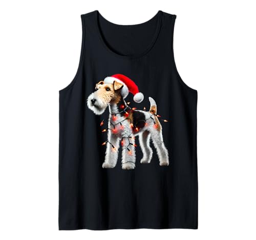 Wire Fox Terrier Sombrero de Papá Noel Luces de Navidad Perro Dueño Mamá Camiseta sin Mangas