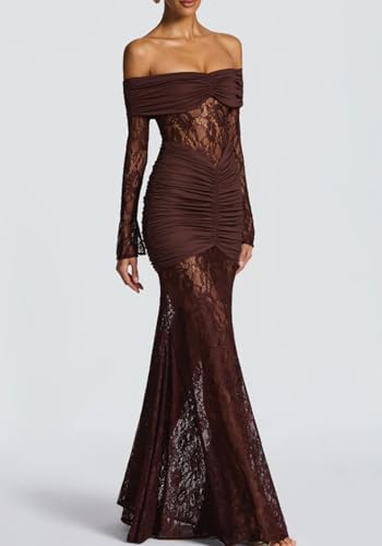 Famnbro Womens Sexy Lace Off Shoulder Dress Long Sleeve See Through Bodycon Elegant Club Party Maxi Dresses2
