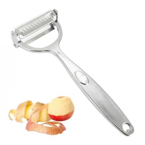 Pelapatate e Pelaverdure Professionale, con 2 Lame in Acciaio Inossidabile (Liscia e Dentata), per Taglio Julienne, Sbucciare Frutta e Verdura come Carote, Zucchine, Patate, Manico Ergonomico