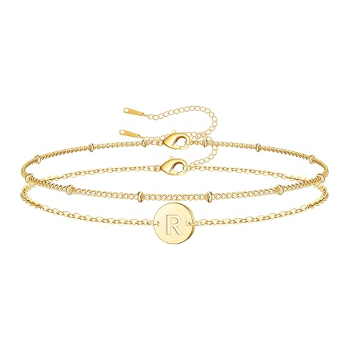 JNZSSWHJJH Teen Girls Gifts Initial Bracelet - 18K Gold Plated Letter R Bracelets for Women | Dainty Disc Monogram Charm Bracelet | Initial Bracelets for Women Girls Trendy Stuff