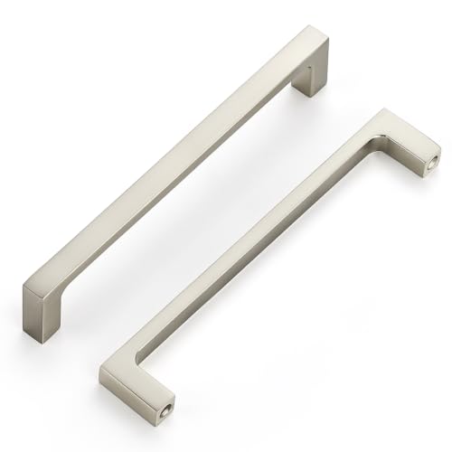 Image of Ravinte Brushed Nickel Kitchen Cabinet Solid Handles,6-1 /4 Inch,5 Pack | Solid Zinc Alloy, Modern Slim Style, Square Design, Deep-Thread Firm Base, Screws Included, for Kitchen Drawers & Cupboards