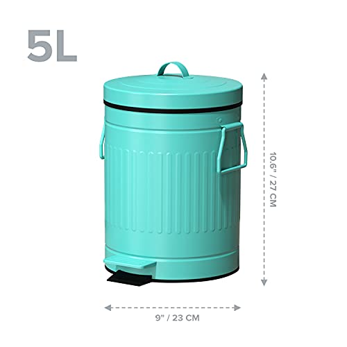 Retro Trash Can With Lid - 5L/1.3 Gal Step Trash Can W/ Soft Closing Lid - Round Garbage Can W/ Handles - Touchless Trash Can W/ Removable Garbage Guard Bucket - Outdoor Garbage Can - Large Trash Can, Teal #TOP1