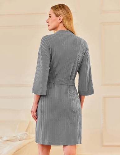 Image of Ekouaer Waffle Robes for Women Bathrobe Lightweight Knee Length 3 /4 Sleeve Knit Bath Robes Female Loungewear with Pockets