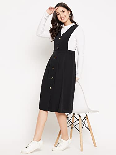 Image of WineRed Women Soild Pinafore Dress with Button