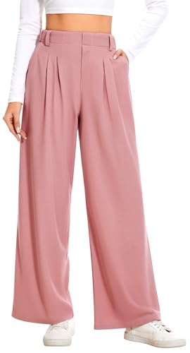 AVAMO High Waisted Slacks for Women Elastic Business Casual Pants Stretchy Work Pants with Pockets Wide Leg Waffle Pink S
