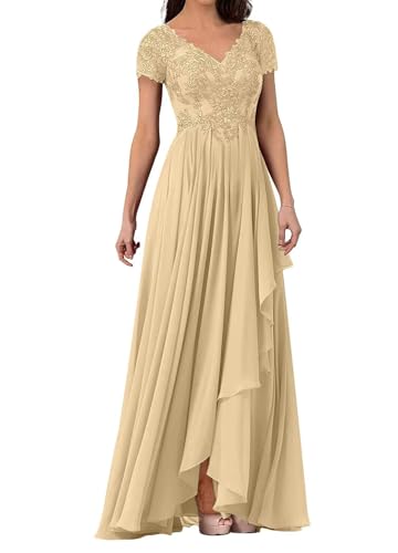 V Neck Lace Applique Long Mother of The Bride Wedding Dresses Women's Cap Sleeve Chiffon Formal Party Dress