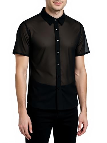 Men's Mesh Sheer Solid Short Sleeve Collar Button Front Party Shirt Tops4