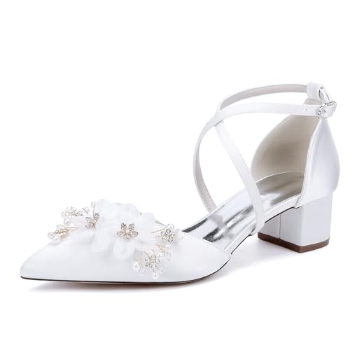 Chaussures de mariée en dentelle pour femme avec talons bas épais en satin
