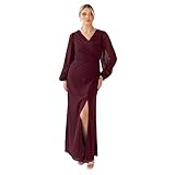 Anaya with Love Women's Maxi Dress Ladies Recycled Faux Wrap V Neck Long Blouson Sleeve Gathered Draped Skirt Split A Line Occasion Wear, Bordeaux 40