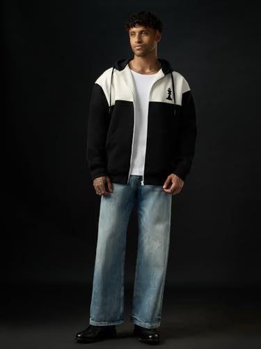Image of The Souled Store: The King Men and Boys Full Sleeves Hooded Neck Black and White Cotton Blend Drop Shoulder Streetwear Trendy Premium Heavy Fleece Zipper Oversized Hoodie