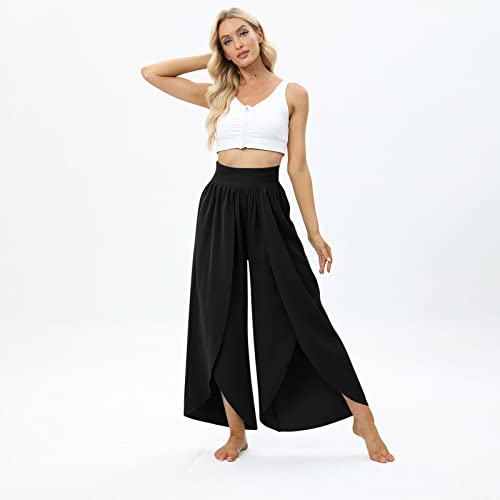Women Flowy Split Wide Leg Pants High Waisted Yoga Pants Baggy Hippie Pants Soft Pilates Pants Boho Beach Pants Plus Size Palazzo Pants Workout Active Trousers Comfy Lounge Pants A-Black #TOP2