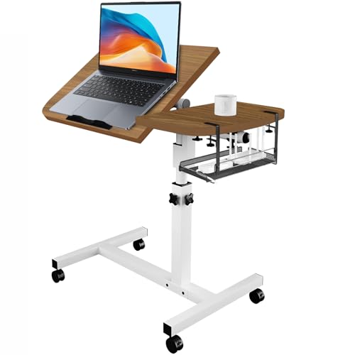 Mesa ajustable para laptop con escritorio inclinable dividido, ruedas y cesta de almacenamiento extraíble, escritorio de noche ajustable en altura para oficina en casa, estudio, lectura y recuperación