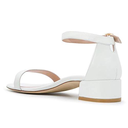 Xyd Women Open Toe Strappy Low Block Heel Sandal Pumps Ankle Strap Buckled Wedding Dress Evening Flats Shoes Size 10 Leather-White #TOP2