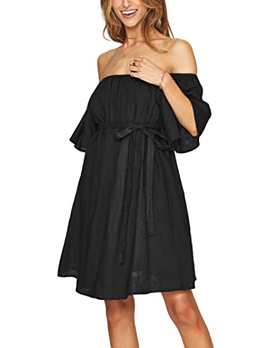 Kojooin Maternity Dress Womens Summer Babydoll V Neck Ruffle Sleeves Multi-Way Straps Elasticated Neckline Casual Sun Swing Flowy Cute Mini Dresses For Women 2023 Flared Skirt Tunic Black Large #TOP4
