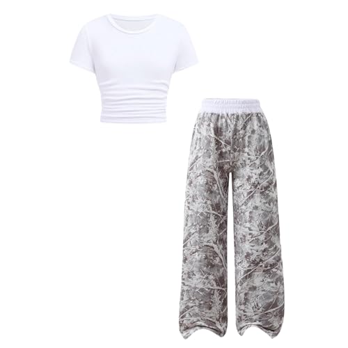 Voxikodex Size 11 12 Years Teen Girls Clothes 2 Piece Slim Fit Short Sleeve Tee Tops & White Camo High-Waisted Pants Kids Girls Summer Fall Outfits Set(11-12Y)