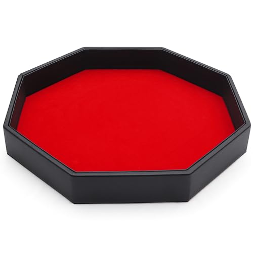 Belle Vous Black PU Leather and Red Velvet Octagon Rolling Dice Storage Tray - Dice Holder Box for Table Games Like RPG and DND/D&D - Catchall Tray for Jewellery