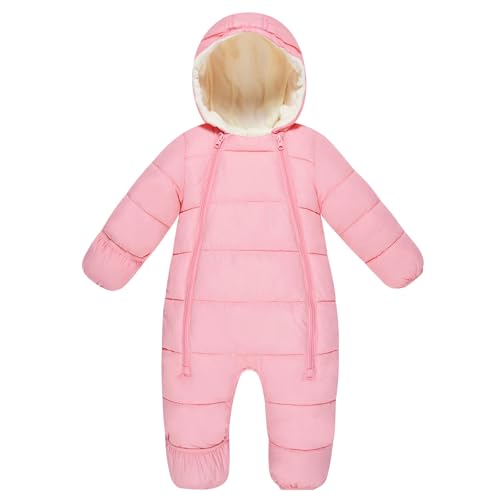 uideazone Baby Girls Winter Snow Suit 3-6 Months Infant One Piece Snowsuit Pink hooded Romper Long Sleeve Puffer Coats Jumpsuits for Snow Play