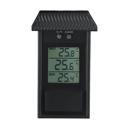 Termómetro de invernadero con pantalla digital para temperatura máxima y mínima, sensor meteorológico de jardín al aire libre para uso en paredes interiores, ABS resistente al agua IP45 (negro)