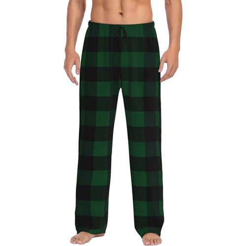 Black and Green Buffalo Plaid Graphic Print Men's Relaxed Fit Pajama Pants with Thoughtful Details and Plush Pockets