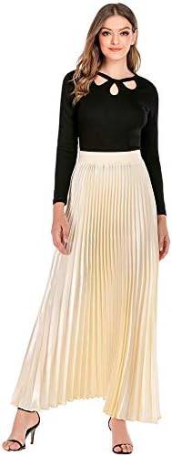 Hanlolo Women Metallic Pleated Skirts Elastic Waist Party Prom Shiny Accordion Long Maxi Skirt