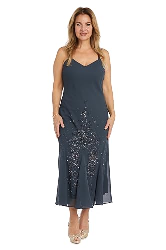 Image of Elegant Beaded Pebble Georgette Mid-Calf Slip Dress W /Matching 3 /4 Sleeve Jacket - Two-Piece Set for Formal Events
