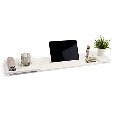 Pampeliška Premium Badewannenablage weiß mit Handtuch-Halterung aus Bambus | Badewannenbrett mit e-Book-/ Smartphone-/Tablet-Halterung | Weinglashalter | Kerzenhalter | Badetablett | Bathtub Caddy Cover