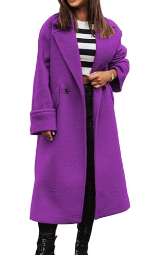 Image of CHARTOU Women Loose Long Wool Coat Notched Lapel Peacoat Woolen Jacket Winter Warm Overcoat Pea Coat Trench Coat (Medium,Purple)