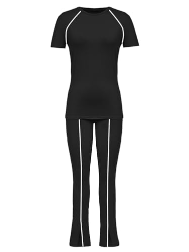 Image of STOLKISS Women 2 Piece Outfits Summer Workout Sweatsuit Striped Short Sleeve Long Flare Pants Casual Travel Tracksuit