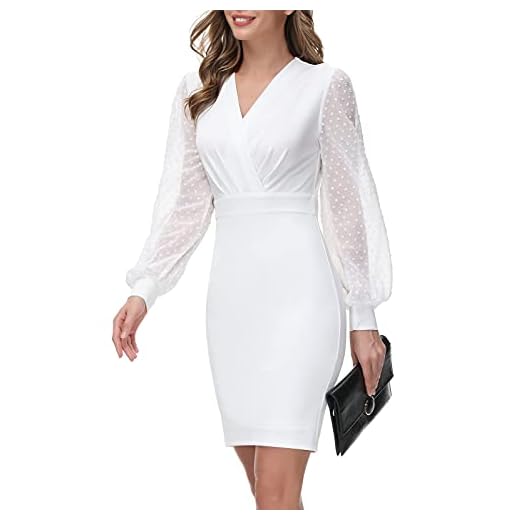 GRACE KARIN Womens Cute Bodycon Dress Long Mesh Sleeve Zipper Back Sheath Business Pencil Dress All White L