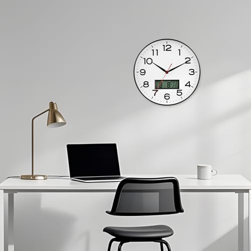 Image of AKCISOT Wall Clock 12 Inch, Non-Ticking Silent Battery Operated Analog with LCD Display for Perpetual Calendar and Temperature, Ideal Modern Decor for Home, Bedroom, Kitchen, Office (Black)