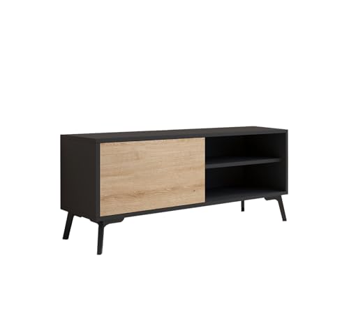 MB Muebles Bonitos | Meuble TV Bas Kai avec 1 Porte pour Salon Moderne | Meuble en Mélamine Mate | Couleur Noir et Sonoma | 100x42x30 cm
