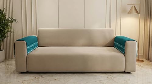 Image of Velvet Quilted Sofa Cover Mat Seat & Back, 2 Pc Arm, Arm L23in H32in, Peacock Blue Color,Anti Skid Backing, 6in Hanging Strap Design, Washable Soft, Style -PeacockBlue-ARM2
