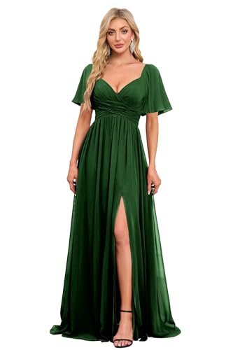 Image of Women's Flutter Sleeves Chiffon Bridesmaid Dresses with Slit Long A Line V-Neck Formal Party Dress with Pockets